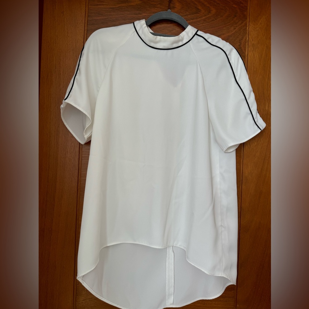 ZARA TRF Womens White & Black Trim Hi-Low Short Sleeve Blouse Top Size S